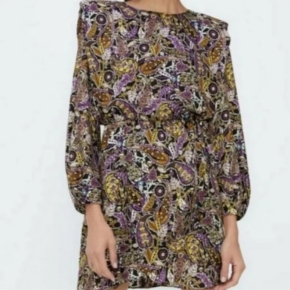 Zara Paisley Print Open Keyhole Back Long Sleeve Partially Lined Mini Dress, M - Picture 2 of 13